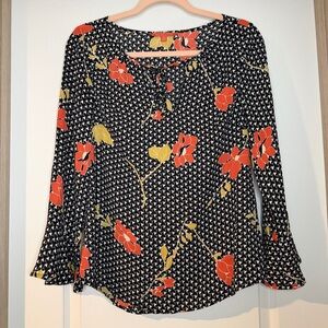 ModCloth Black Orange Retro Floral Print Woven Blouse Small